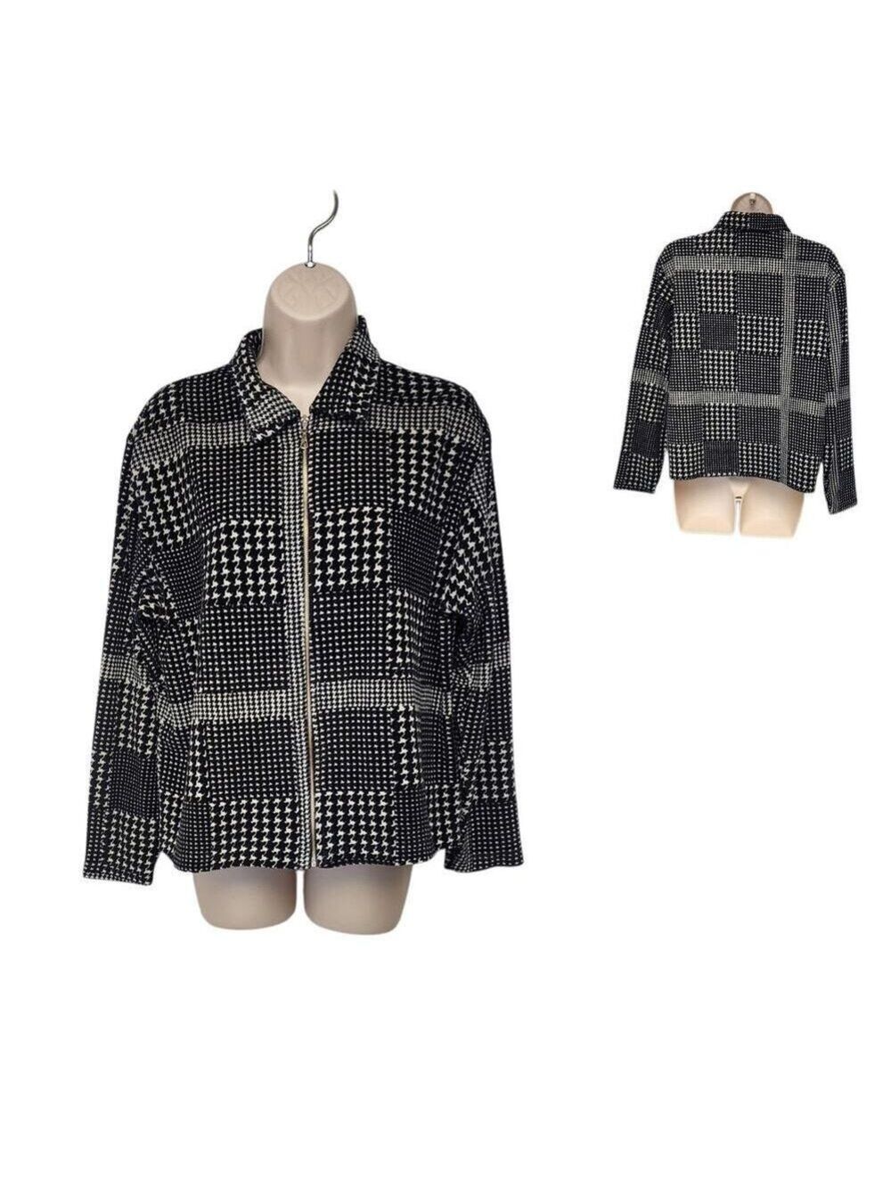 Jason Women’s Black SOFT Houndstooth Full Zip Long Sleeve Sweater Jacket Size M